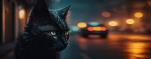 Elegant Black Cat Poses Against The Backdrop Of A Vibrant Cyberpunk City. AI-Generated