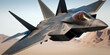 Lockheed Boeing F-22 Raptor 3D model, full matte black tint coating, flying on a blue sky. AI-Generated
