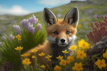 Canvas Print - Theme of spring. A picture of a Red Fox puppy in a highland meadow with flowers. Fox among yellow and blue flowers. A beautiful Red Fox cub, Vulpes vulpes, seen from a low angle and from the front. An