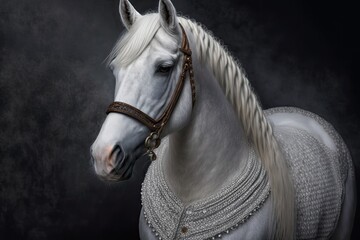 Poster - portrait of the most beautiful horse wearing a winter coat, pearl suit of a horse,. Generative AI