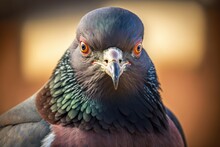 The Face Of Rock Pigeon Seen From The Front. Rock Pigeons Crowd Streets And Public Squares. They Eat Food That People Throw Away And Birdseed That People Give Them. Generative AI