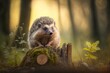 A cute common hedgehog sitting on a stump at dawn in a spring or summer forest. A beautiful young hedgehog in its natural environment, outside in the wild. Generative AI
