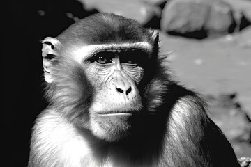 Sticker - A close up picture in black and white of a Gibraltar Barbary Macaque. Generative AI