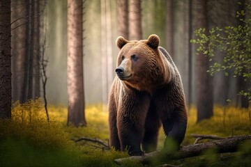 Canvas Print - A close up picture of a brown bear in the woods. Scene of springtime wildlife. The natural home of a wild animal. Generative AI