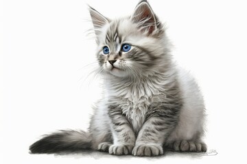 Sticker - Kitten in blue and white with a white background. Sitting cat. Generative AI