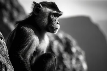 Sticker - A close up picture in black and white of a Gibraltar Barbary Macaque. Generative AI