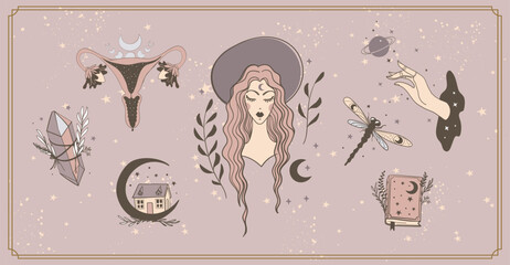 Wall Mural - Modern boho banner with vintage magical items, witch in hat, womb, spell book, magic crystal. Halloween sticker set. Vector.