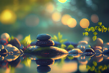 Digital Art Painting. Beautiful Landscape With Colorful Peace Calm Relax. Meditation Place. Bokeh Background.