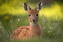 Capreolus Capreolus, A Young Wild Roe Deer In The Grass. Young Roe Deer In The Wild In The Spring. Generative AI