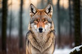 Fototapeta  - In winter, a close up horizontal portrait of a Eurasian wolf (Canis lupus) looking straight at the camera while a forest in the background is blurred. East Europe. Generative AI