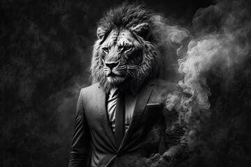 Sticker - A black and white picture of a scary looking lion in a suit smoking with human hands. Generative AI