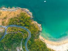 Aerial Top View The Road Around Phuket Beach On The High Mountain Winds Along The Beach And Various Viewpoints..The Road Is Steep And Sharp.good View On The Road. Relax In Beautiful Nature..