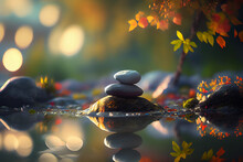 Beautiful Stone Reflect With Water In The River. Blur Bokeh Background. Calm Relax Meditation. Wallpaper Background.