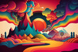Multi-colored mountains, tree, sky, fantastic nature. Surreal psychedelic hallucinogenic fantasy landscape. Generative ai illustration