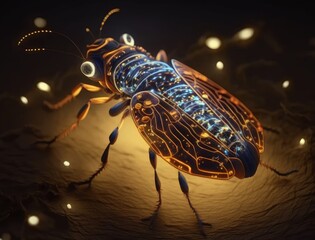 Poster - Generative AI of a colorful bug on a dark background with lights