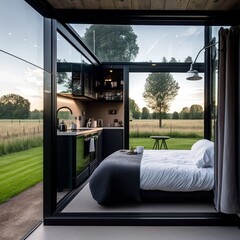 Wall Mural - Luxury bedroom with a view of the countryside. Nobody inside. Generative AI