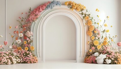 Poster - Generative AI of white room with arch and flowers in the wall