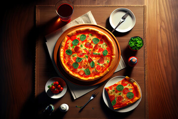 Wall Mural - Above shot of table with two pizza. Generative Ai