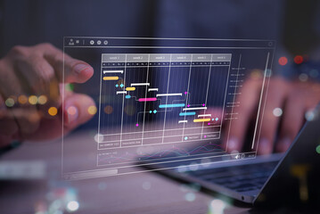 Fototapete - Man planning project management schedule on computer virtual screen