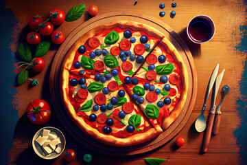 Wall Mural - Pizza party for american holiday on wooden table. Generative Ai