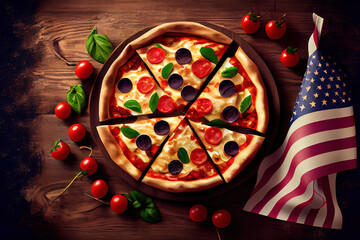 Wall Mural - Exceptional Pizza party for american holiday on wooden table. Generative Ai