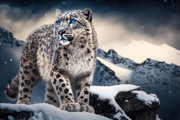 Sticker - Snow leopard in the mountains with snow on them. Generative AI