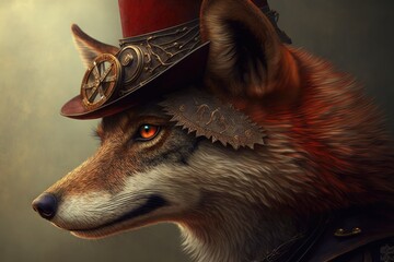 Poster - Red wolf in a steampunk hat. Generative AI