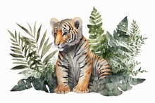 Tiger Baby, Toy, Tiger Cub Watercolor On White Background With Tropical Leaves And Plants. Animal. Watercolor. Illustration. Generative AI