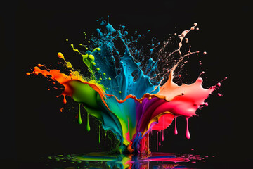 Exploding liquid paint in rainbow colors with splashes