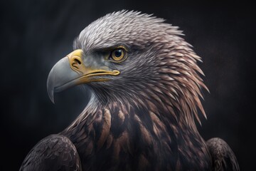 Canvas Print - A close up of a (bald) sea eagle looking right into the camera. The background is dark and matte. Generative AI