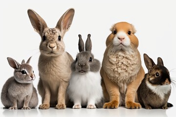 A group of animals are sitting against a white background. Dogs, cats, rabbits, hamsters, and ferrets. Generative AI