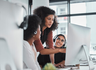 Poster - Call center, mentor and teaching with people in office for training, commitment and coaching. Advice, customer service and contact us with employee at computer for friendly, help desk and consulting