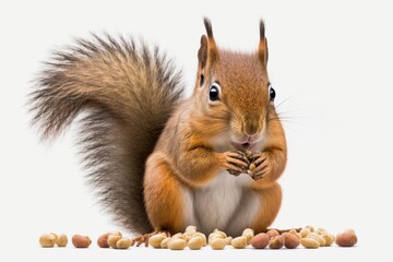 A white background shows a small squirrel eating a hazelnut. Generative AI