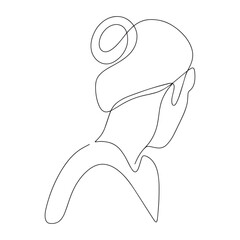 A young woman turned her back, drawing a line on a white isolated background. Vector illustration