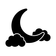 Wall Mural - Cloudy moon black icon. Stylized glyph isolated on white background.