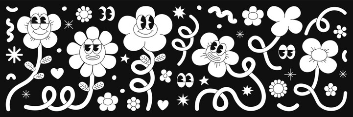 Wall Mural - Retro cartoon flower character sticker pack. Groovy funky comic daisy flower with eyes and abstract cloud shapes in trendy retro cartoon style. Vector illustration with wavy spiral and loop elements.