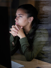 Poster - Thinking, digital hologram and woman on computer in office for coding, programming and online data at night. Technology overlay, idea and female worker focus on pc for research, network and analytics