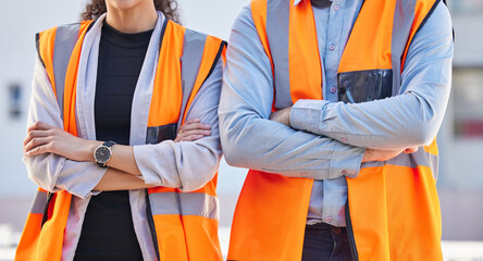Aufkleber - Building, collaboration and proud team at construction site for partnership, design and creative innovation. Crossed arms, engineer and man with woman leading industrial planning, vision and mission