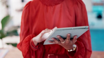 Poster - Scrolling, connection and hands of a woman with a tablet for communication, website and email. Business, social media and employee typing on technology for networking, research and search online