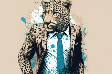 Canvas Print - Leopard in suit picture. Picture that was drawn by hand. Generative AI