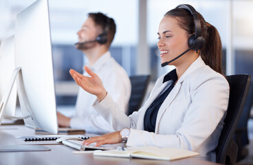 Leinwandbilder - Contact us, call center or friendly woman talking in telecom communications company in help desk. Happy smile, crm or insurance sales agent working or speaking online in technical or customer support