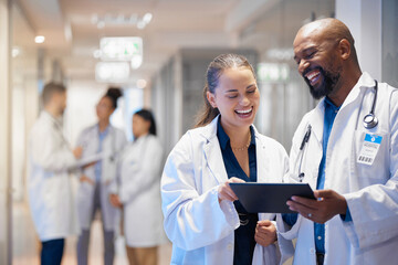 Poster - Doctors teamwork on tablet for hospital research management, employees workflow or software clinic solution. Healthcare people on digital tech for medical team analysis, results or problem solving