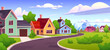Suburban town street against mountain background. Vector cartoon illustration of asphalt road, cozy houses and garages, green grass and trees, blue sky on sunny day. Urban residential neighborhood