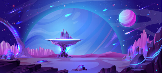 Poster - alien planet surface with neon color stones and meteor shower in night sky. vector cartoon illustrat