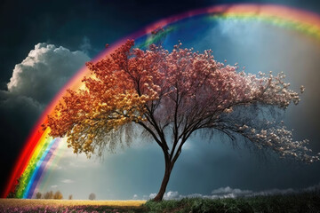 Wall Mural - a flowering tree stands in the center of the picture, green meadow on the right, a yellow field on the left, beautiful rainbow over it