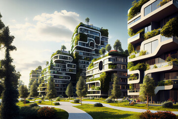 Modern apartment buildings in the city with green concept. Generative AI