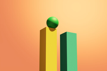 Green sphere is balancing at the edge of a column shape.