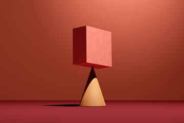 Aufkleber - A pink cube block is balancing on a cone. Concept of balance, harmony or stability.
