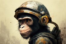 Portrait Of A Monkey Wearing A Military Helmet, Drawn By Hand, Animal Art. Generative AI