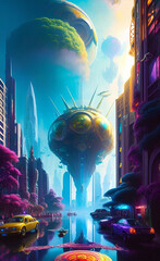 space base and futuristic city on alien planet, generative ai illustration, these depiction is fictitious and generated